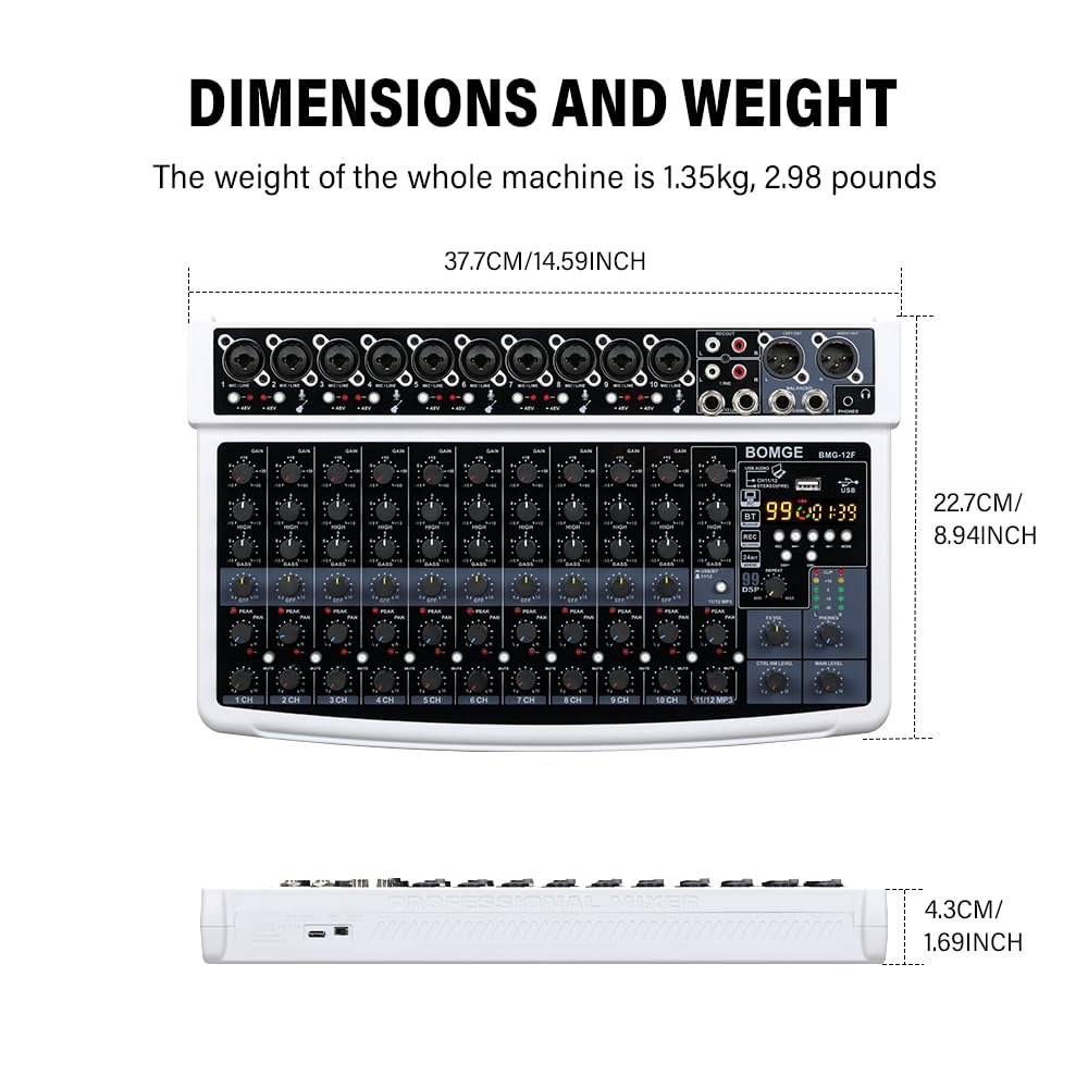 BOMGE Professional Audio Bluetooth Studio Mixer with 48V and 99 DSP Effects Professionals and 12-Channel Mixer, USB, Power, XLR/RCA Inputs, (For