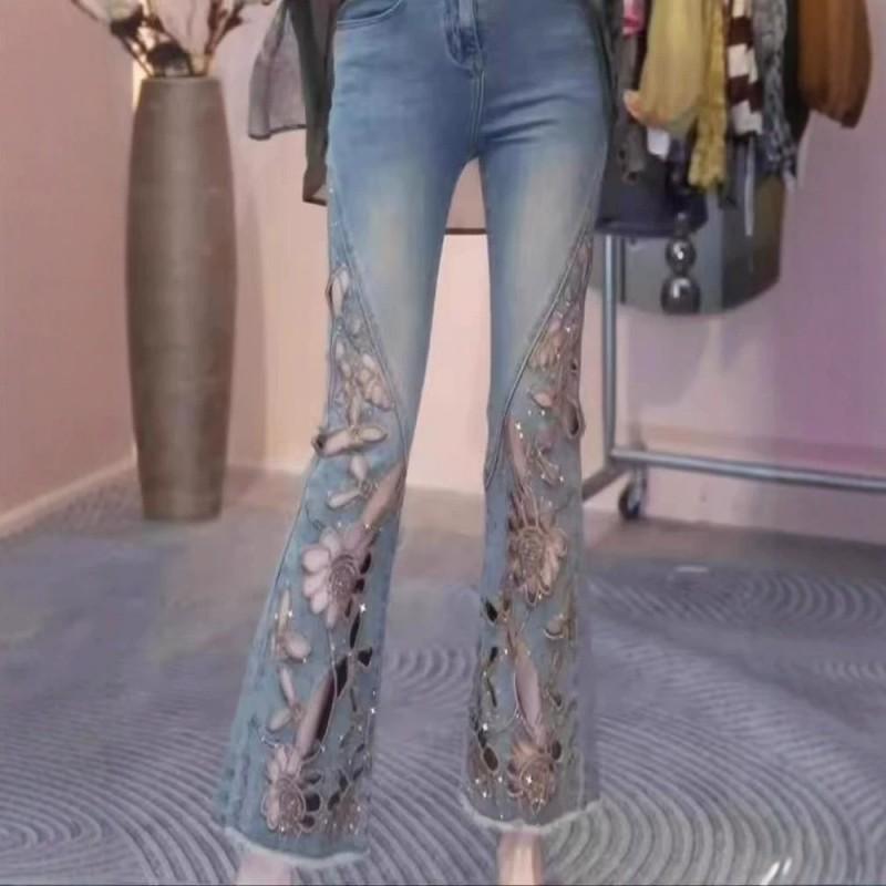 2026 Womens High-Waist Cropped Flare Jeans With Embroidery Cutouts Rhinestone Detail