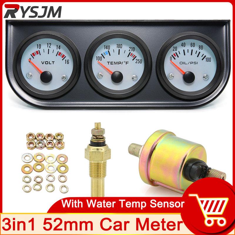 3-in-1 52mm Auto-Messgerät 100-250℉ Wassertemperatur-Messgerät 12V Anzeige 8-16 V Spannung 0-100 Psi Öldruck-Messgerät Temperatursensor 10mm