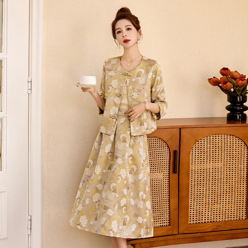2025 Spring Chic Jacquard Frog Button Coat & Midi Skirt Set