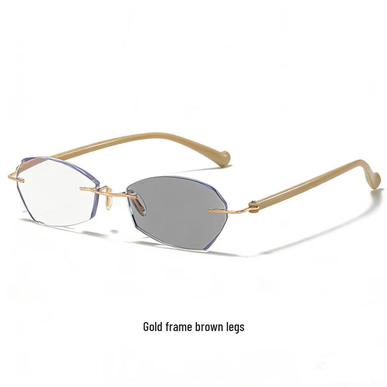 Rimless Color-Changing Myopia Glasses, Unisex Ultra-Light, Mortise-Tenon, Diamond Cut, Photochromic, Blue Light Blocking, Plano Lens. 250° Myopia - Photochromic, Blue Light Blocking