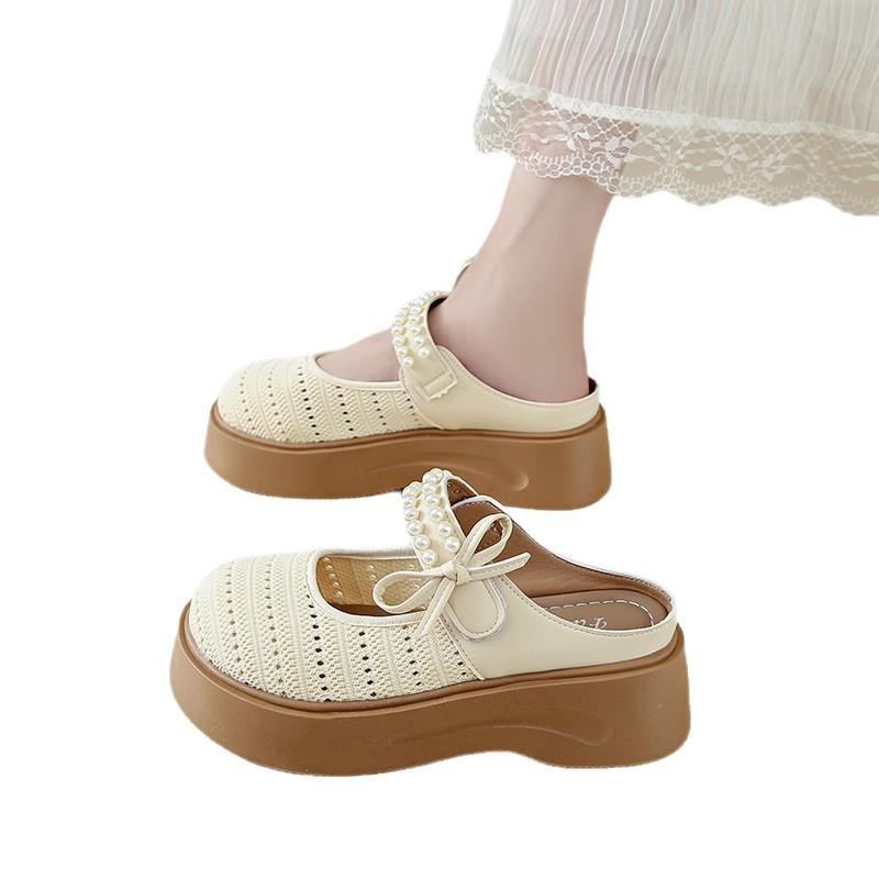 French bow thick-soled Mary Jane sandals women's 2025 summer new hollow breathable bag head half slippers size 34