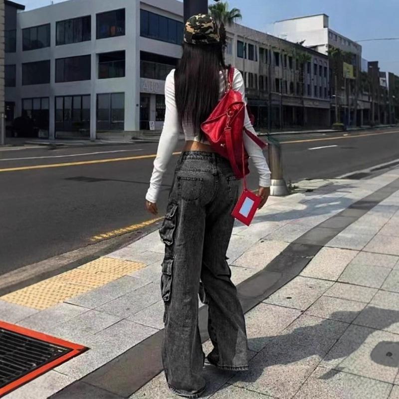 European and American casual loose high waisted straight leg multi pocket design, street style personalized women's jeans