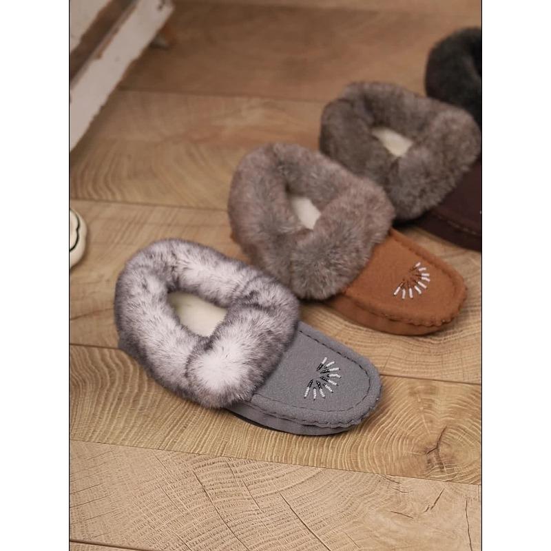 Women's Faux Fur Slippers - All-Season Cozy Moccasins with Petal & Leaf-like Embellishment, Soft TPR Sole & Faux Cover-like Upper, Beige