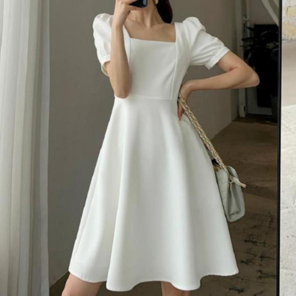 Square Neck Retro Short Sleeve Women Dress  Fashion Summer Elegant Female Basic Bodycon A Line Dresses