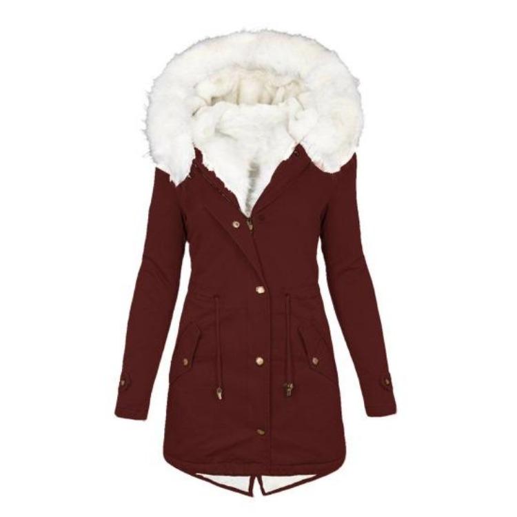 Winter Women Windproof Jacket Mid Length Slim Fit Cotton Coat Plus Size Faux Fur Hood Fleece Lined Zip Up Press Button Closure Outerwear