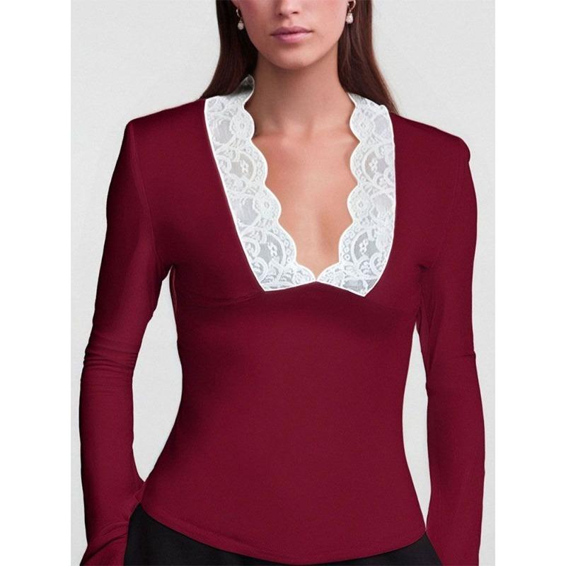 Pure Lust Hottie Trumpet Lace Splicing T-shirt Slim Fit French Long-sleeved Low-neck Top