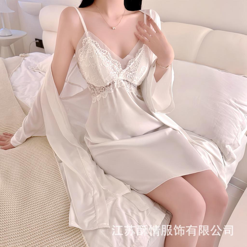 Spring and Summer Sexy Nightdress Lace Temptation V-neck Gathering Ice Silk Suspender Nightdress Backless Chest Pad Suspender Nightdress Set