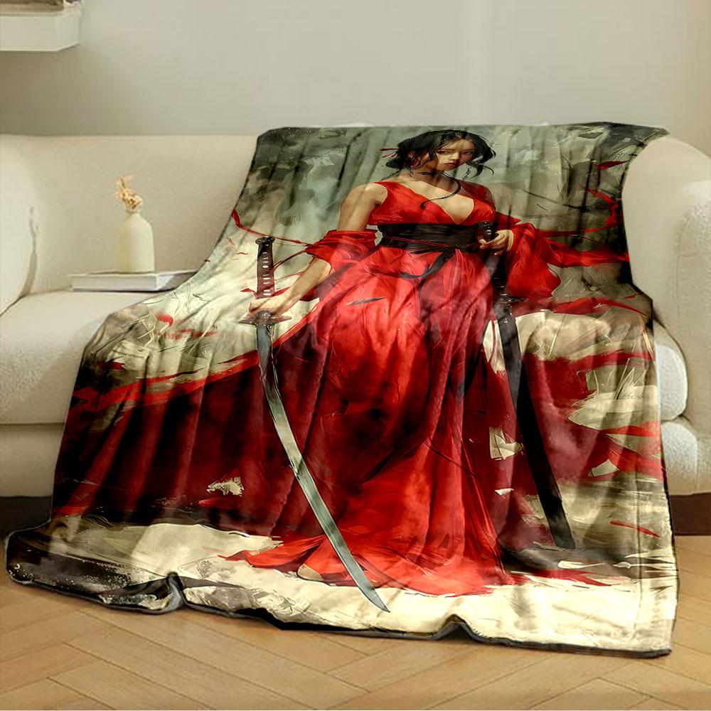 Flowing Red Dress with Dynamic Fabric Accents and Dual Swords. for All Seasons Blanket Lunch Break Throw Gift