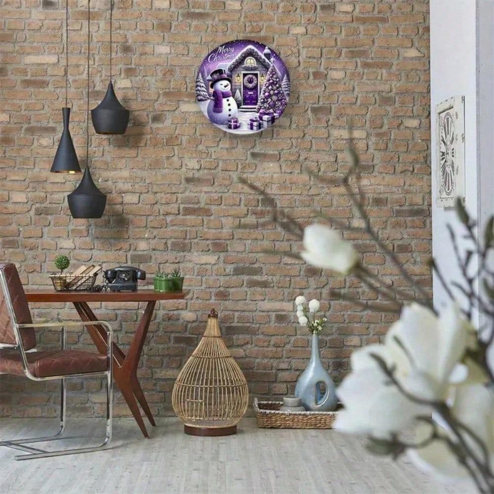 Vintage Purple Snowman Christmas Metal Sign 7.8 Inch Round for Wall Decor Farmhouse Home Bar Cafe Garden Outdoor Indoor