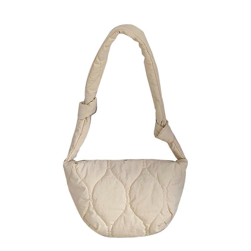 Women Casual Underarm Bag Retro Nylon Satchel Bag Semicircle Crossbody Bag with Zipper Vintage Solid Color Shoulder Bag White