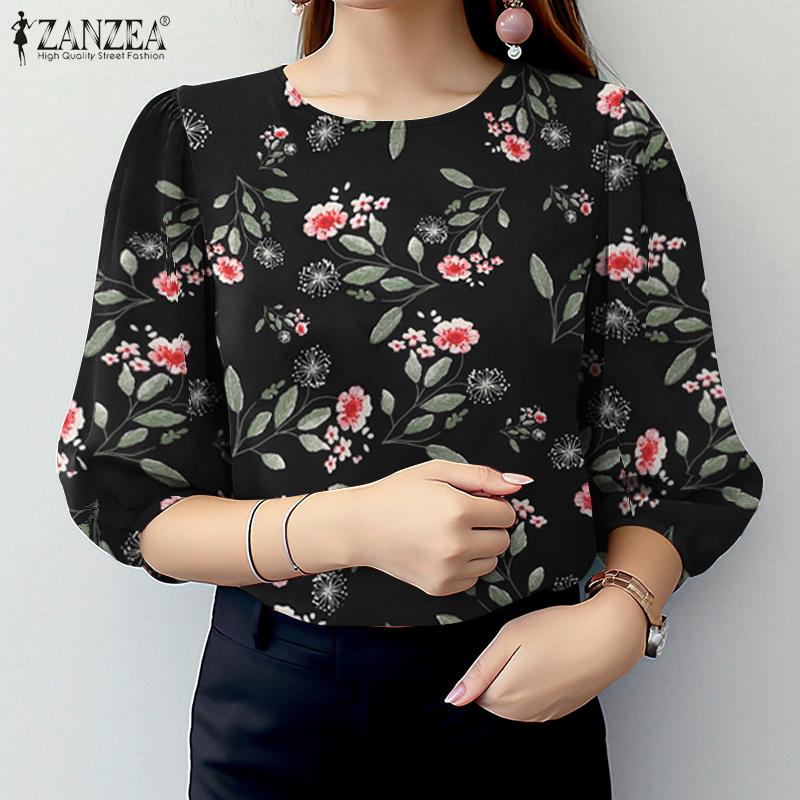 ZANZEA Damen 3/4-Ärmel Freizeit Rundhals Floral bedruckte Bluse