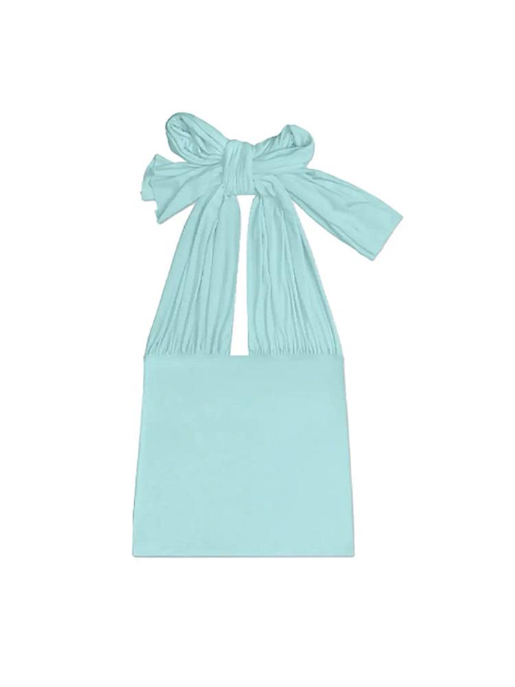 Summer 2026 Women s European & American Fashion V-Neck Lace-Up Backless Short-Sleeve Top Small небесно-голубой