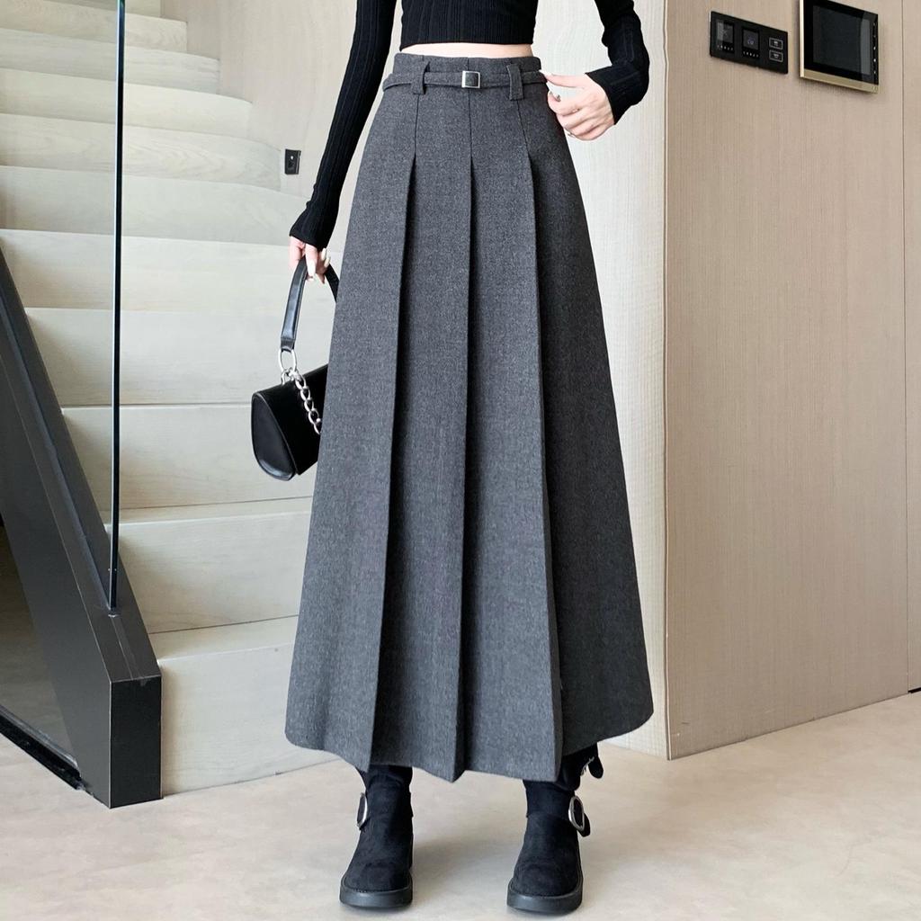 Elegant High-Waisted Gray Wool Pleated Skirt – Versatile Autumn/Winter Fashion for Women