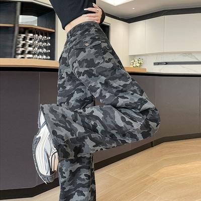 Women's Workwear High Waist Camouflage Retro Jeans - Loose, Wide-Leg, Straight Fit for Loose Casual Female Trousers