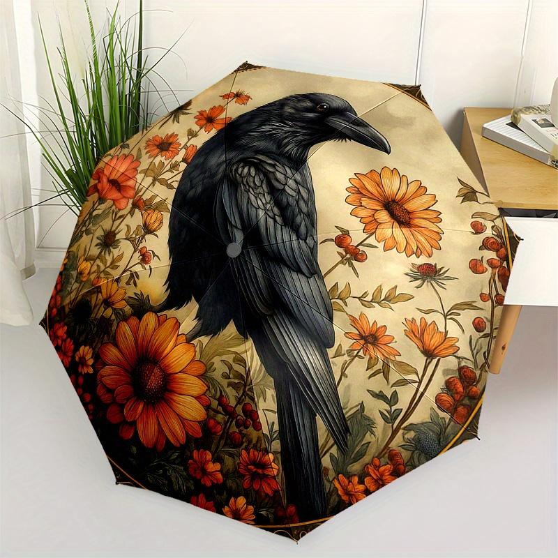 

Raven & Flowers: A Whimsical Circular Art PrintUmbrella, Portable 3-Fold Compact Umbrella for Men & Women Gift