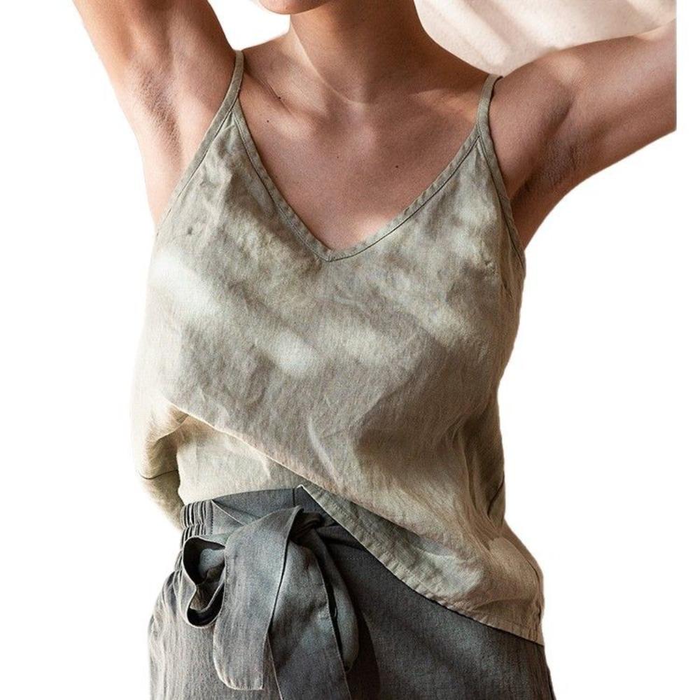 2026 summer European and American women's loose temperament simple v-neck sleeveless linen cotton solid color halter top