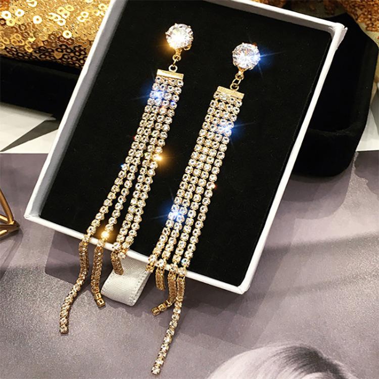 Luxury Crystal Rhinestone Long Tassel Clip Earrings for Women Bridal Non Pierced Dangling Circle Earrings Party Wedding Jewelry