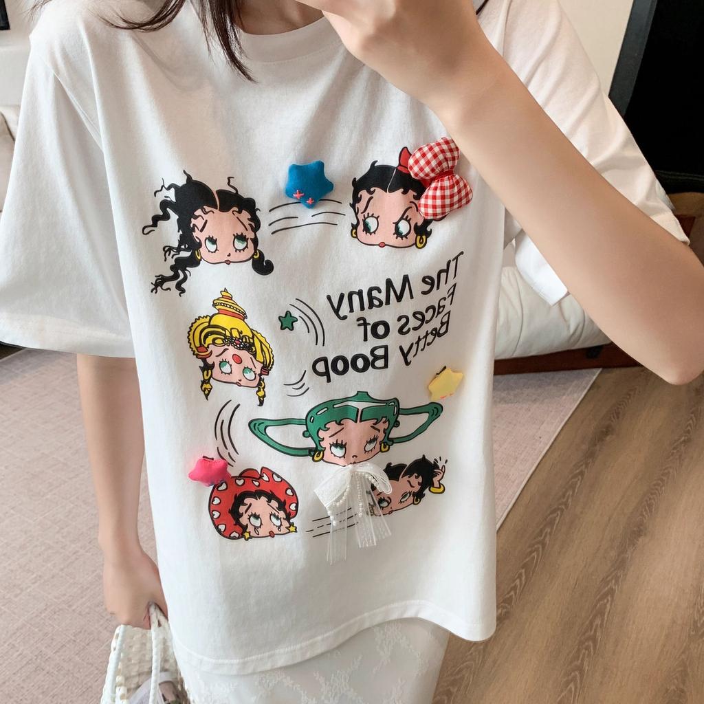 Cute Betty Boop T-Shirt Summer Loose Anime Fashion Y2K Cartoon Short Sleeve Pure Cotton Is Soft and Comfortable Tops Girl Gift