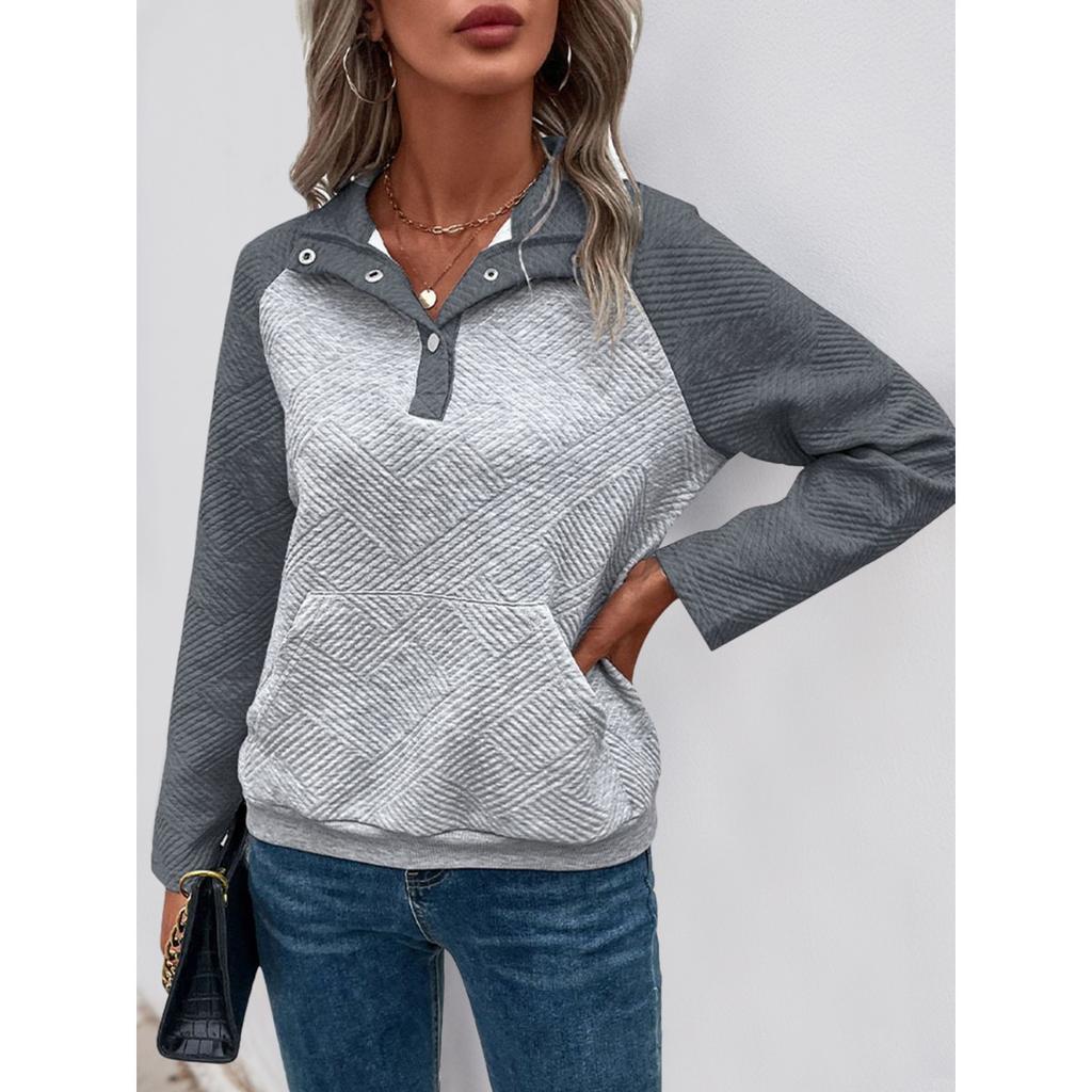 2025 Dámská mikina s polokošilí v barevném bloku, ležérní minimalistický styl, pulovr s dlouhým rukávem, horký prodej pro Evropu a Ameriku