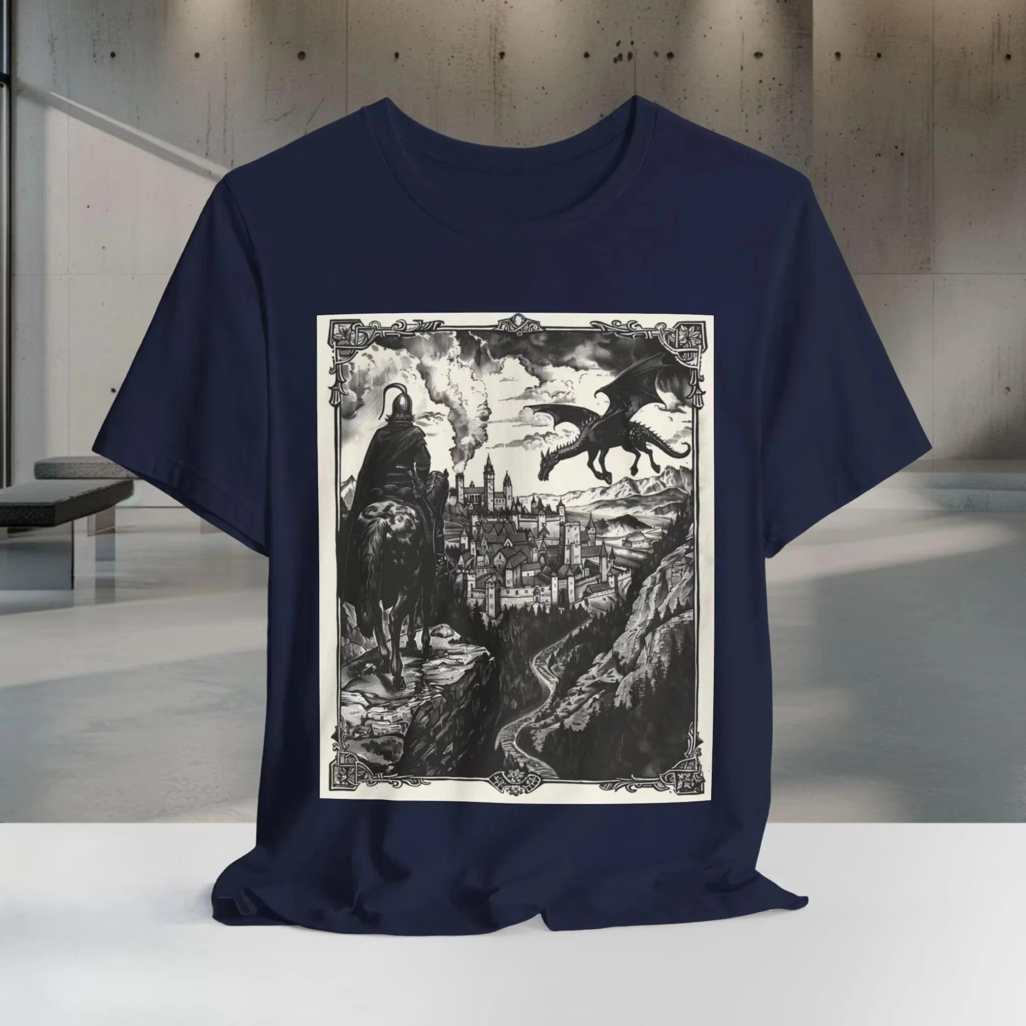 

Shirt of Medieval Knight and Dragon Castle Battle Scene TShirt Dark Fantasy Art TShirt Bella Canvas Unisexs Clothing 4XL
