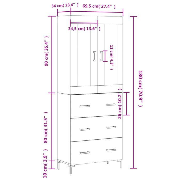 VidaXL Buffet haut Blanc 69,5x34x180 cm Bois d'ingénierie 3198401