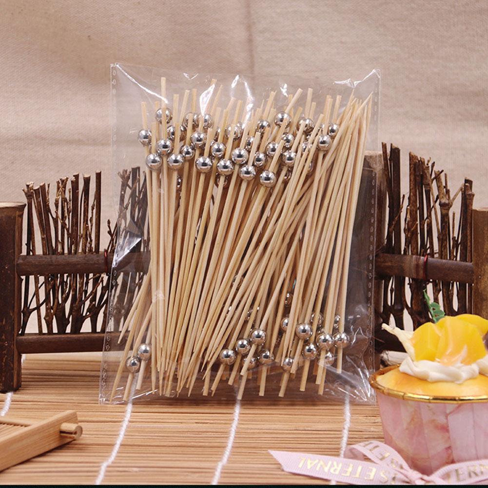 100 Pieces 12cm Disposable Fruit Bamboo Sticks with Creative Bead Tags for Desserts Fruits Festival Decoration Accessories