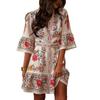 New European American Vacation Style Plant Floral Print Lantern Sleeve Ruffled Short Sleeve Tie-front Cardigan Dress