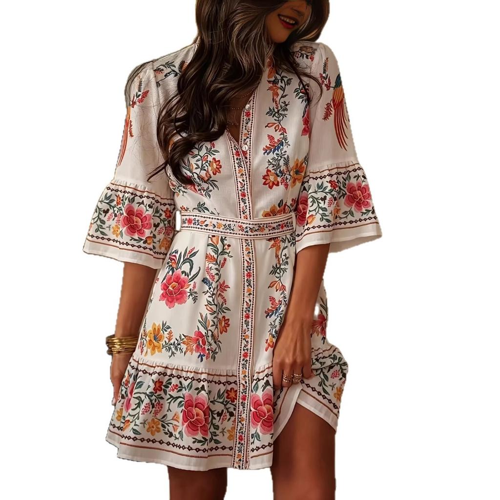 New European American Vacation Style Plant Floral Print Lantern Sleeve Ruffled Short Sleeve Tie-front Cardigan Dress