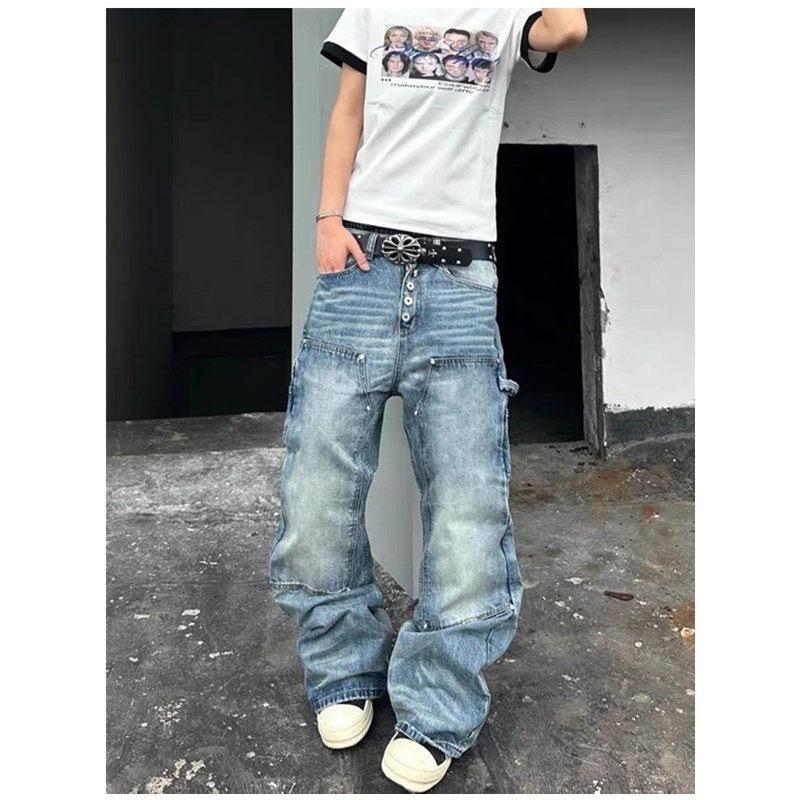 1111 American High Street Breasted Tooling Jeans Men's Retro Washed Old Loose Wide-leg Men's Jeans
