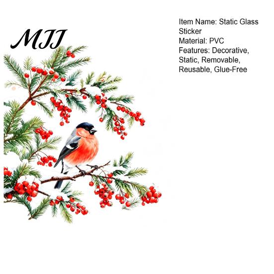 Non Adhesive Window Stickers Bullfinch And Red Berries Static Glass Sticker, Watercolor Winter Bird Decal, Decals Removable PVC Cling for Home