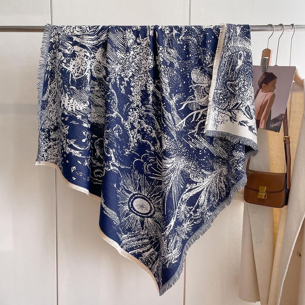 Korean Version Scarf Women'S Versatile Double-Sided Fringed Imitation Cashmere Shawl Fashion Flower Thickened Warm Scarf