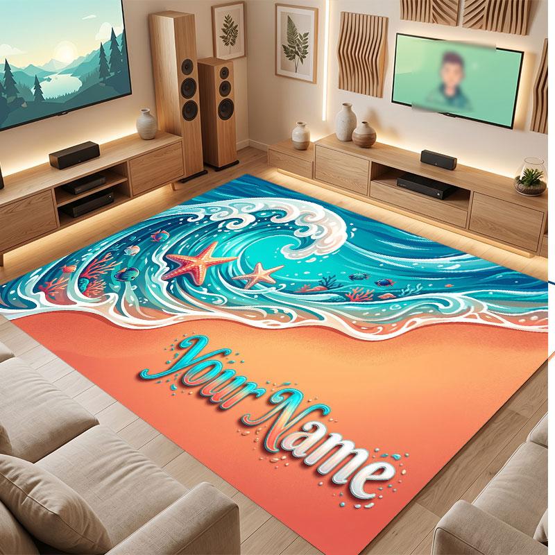 Octopus Sea Life Theme Crystal Velvet Floor Rug Personalized Custom Name Text Warm Carpet Home Decoration