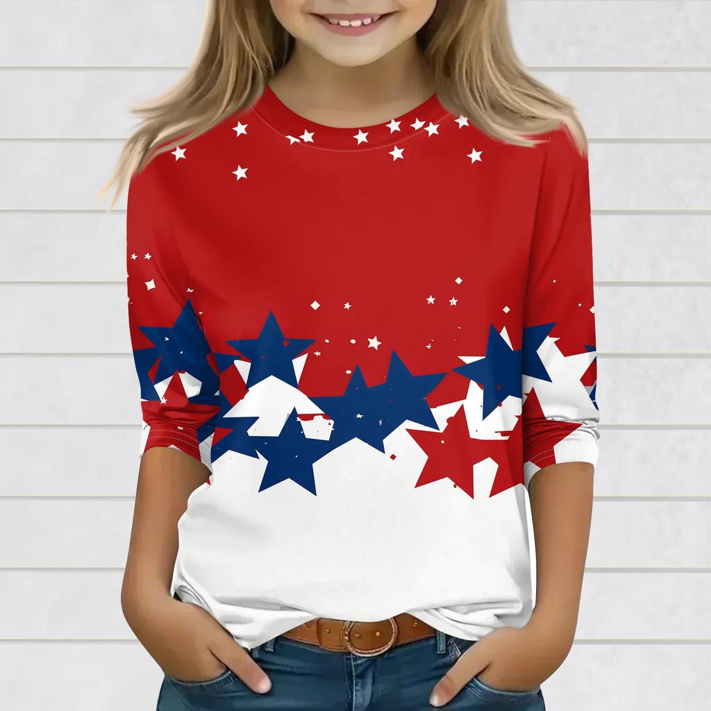 Print Tops For Youth Girls 3-10 Years Round Neck 3/4 Sleeves T-Shirts Trendy Tops Outfit Tees