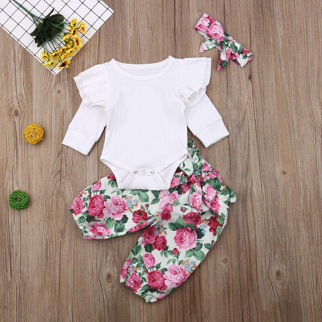 

Toddler Baby Girl Ruffle Sleeve Romper Tops+Floral Pants+Headband Clothes Outfit