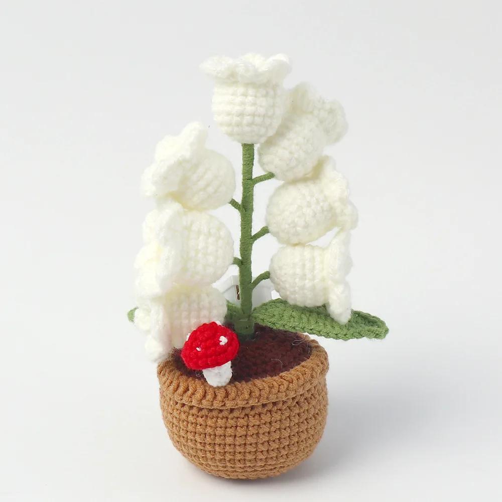 Hand-knitted Lily of the Valley Potted Plant With LED Night Light, Decorative Figurine, Handicraft, Home Decor, Gift
