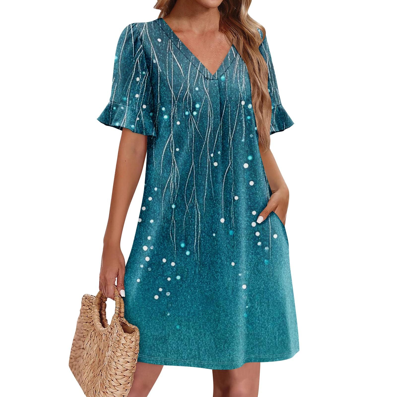 

Летние платья для женщин с V-образным вырезом, оборками и коротким рукавом, повседневное свободное платье с принтом, пляжное платье с карманами XXL