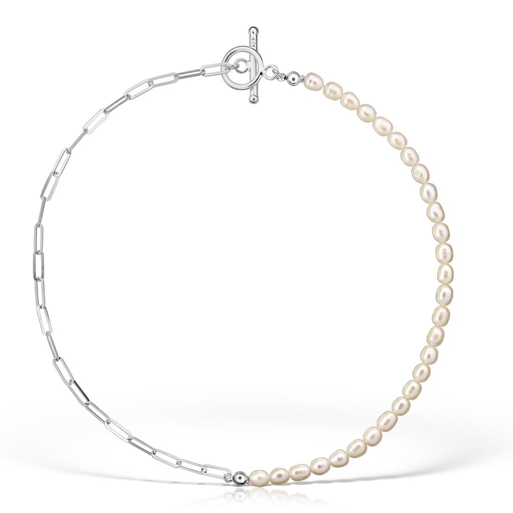 925 Sterling Silver Pearl & Paperclip Chain Necklace for Women