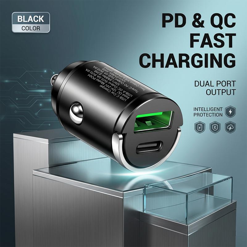 100W High Power Mini Car Charger Invisible Flush Fit Auto Adapter Dual Port Type C PD QC Fast Charging Metal Pull Ring 12/24V
