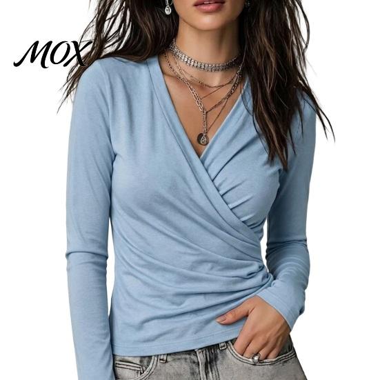 Skin Friendly Workwear Cross V-Neck Long Sleeve Top for Women, Slim Fit Sexy Relaxed Travel Clothing Pleated Shirt, Fall Solid Color Casual
