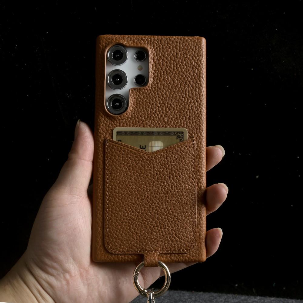 USB Charging Cable Lanyard Genuine Leather Case for Samsung Galaxy S25 Ultra S24 S23 S21FE S22 Note20 Crossbody Strap Card Slot