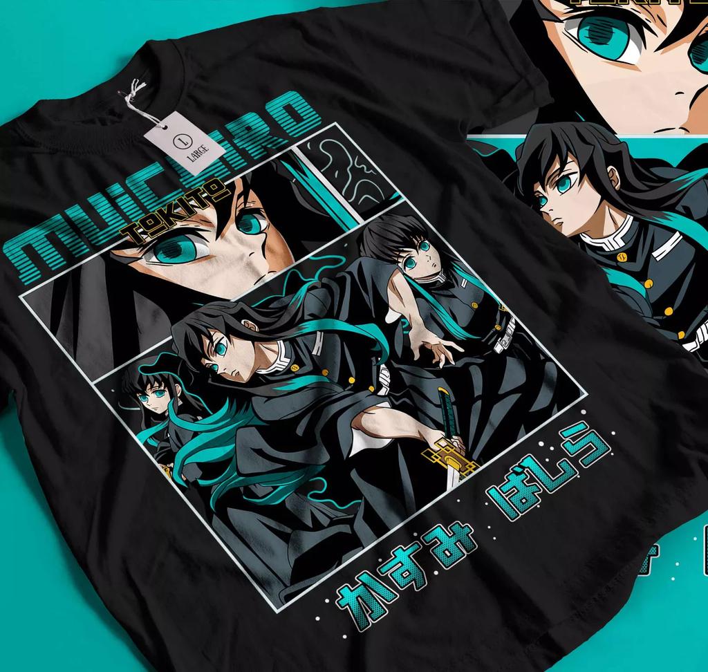 100% Baumwolle TOPS UNISEX T-SHIRTS HERREN DAMEN Muichiro Tokito T-Shirt Kimetsu no Yaiba Demon Slayer Anime Schwarzes Shirt Geschenk 342