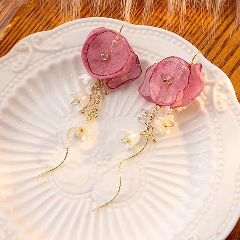 Ambience Rose Petal Earrings New Chinese Retro Niche Gauze Camellia Flower Tassel Earrings National Wind Earrings