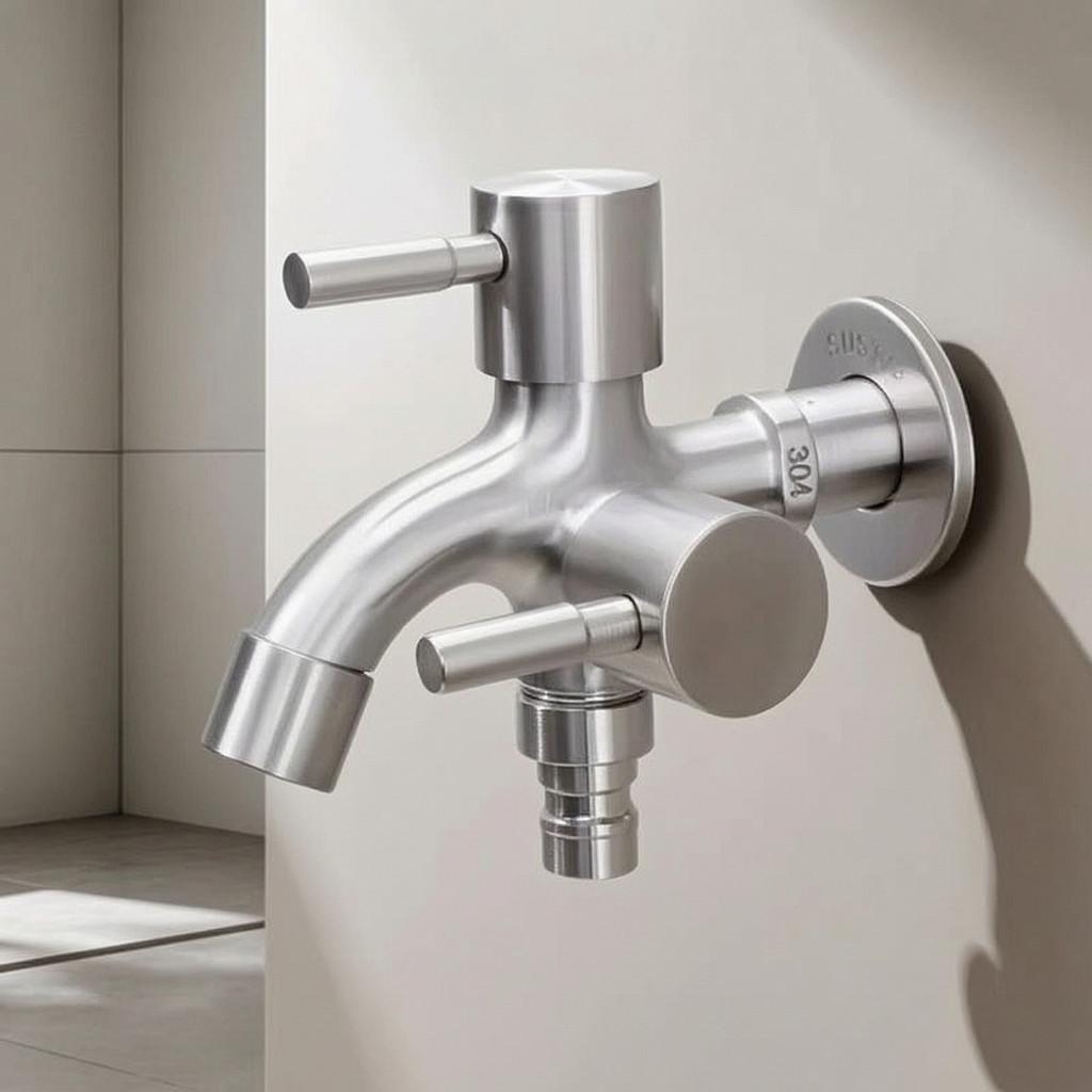 Stainless Steel Washing Machine Faucet With Dual Control For Laundry Room Use