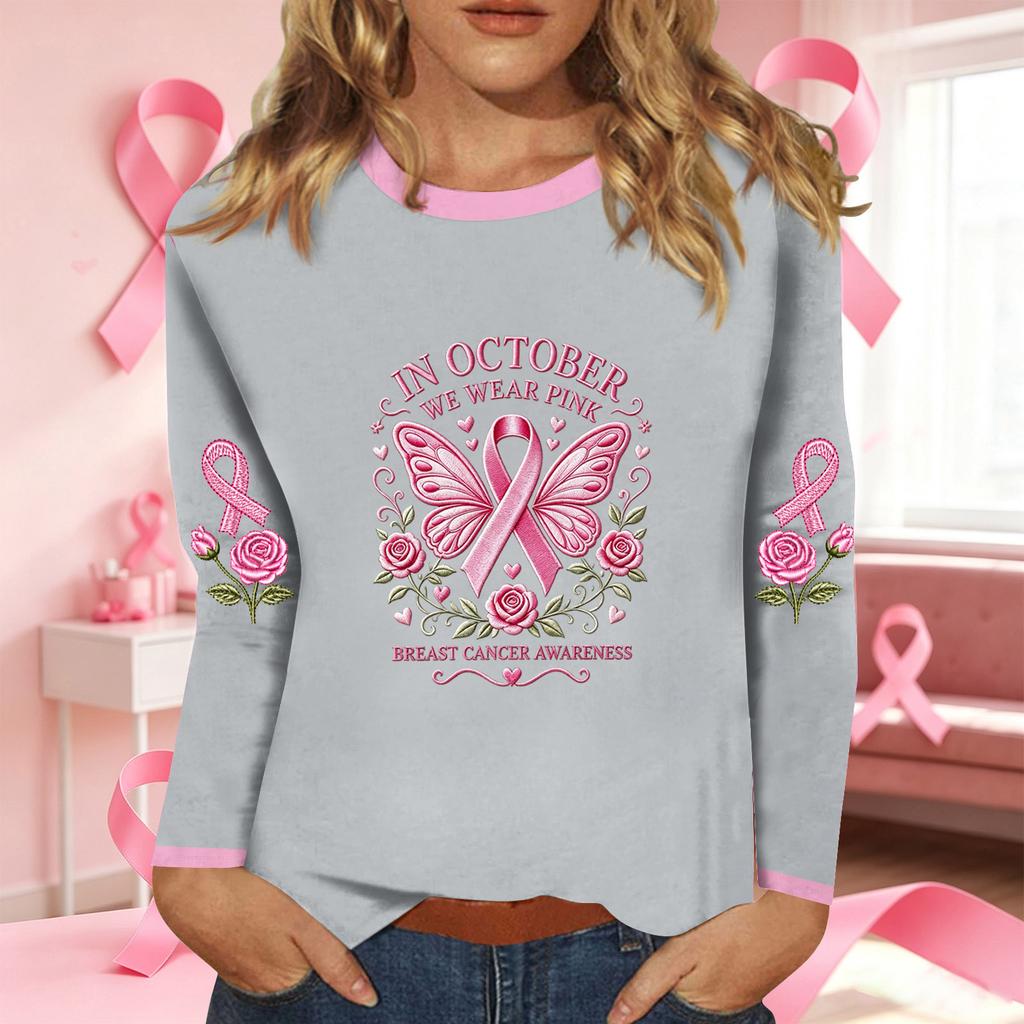 Women's Casual Long Sleeve Ribbon Print Round Neck Top