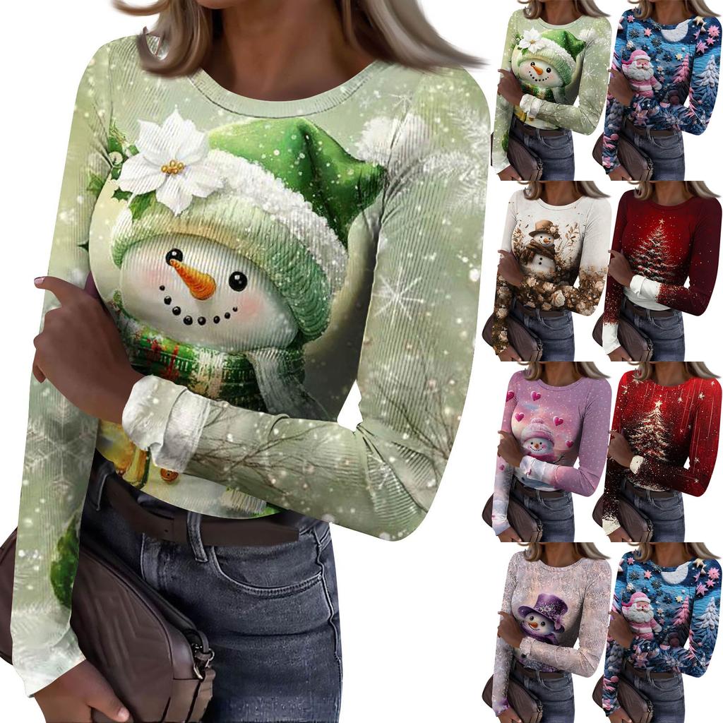 Women's Slim Bottom T-shirt Fashion Casual Gradient Printing Round Neck Pullover Long Sleeve Top