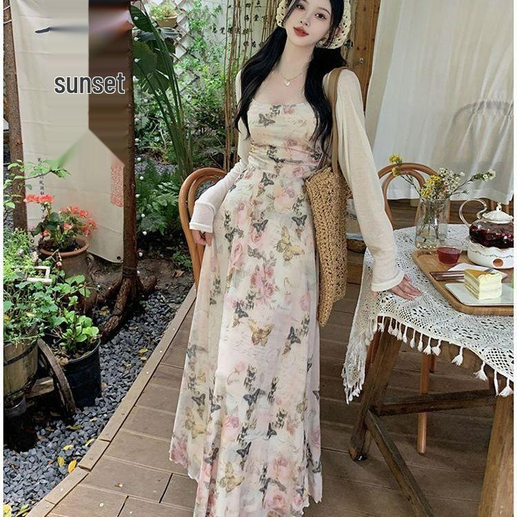Stylish Slim-Fit U-Neck Print Camisole Dress – Women's Spring/Summer 2025 Collection, Hip-Hugging Long Skirt