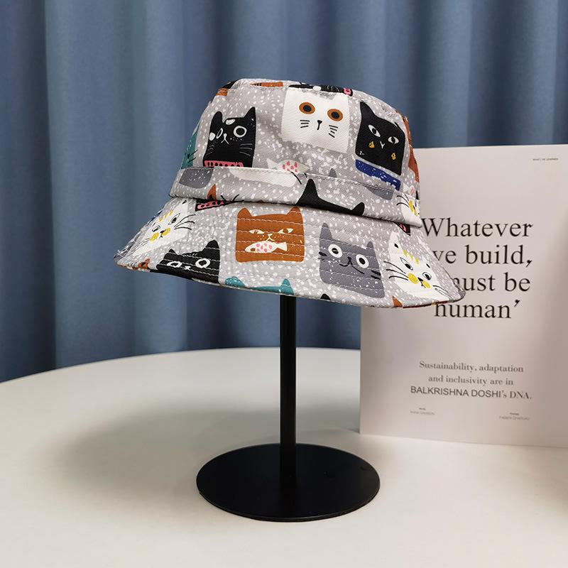 Summer shading personality print cartoon kitten face bucket hat female