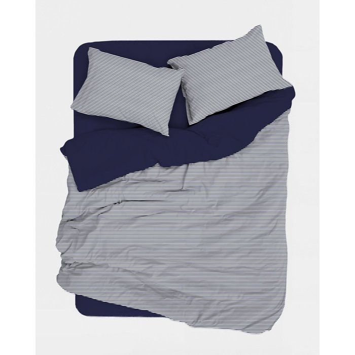 Bedding Set - 1 Duvet Cover 140 X 200 Cm + 1 Pillowcase 60 X 60 Cm - 100% Reinforced Cotton - Dark Blue Stripes