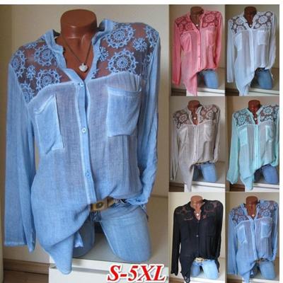 2018 Autumn Long Sleeve Lace Trim Blouse with Stand and Turn-Down Collar and Pocket